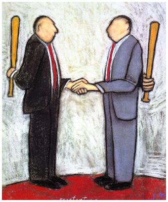 two men with bats behind their backs shaking hands